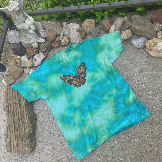 hand carved monarch butterfly stamp on hand dyed shirts
